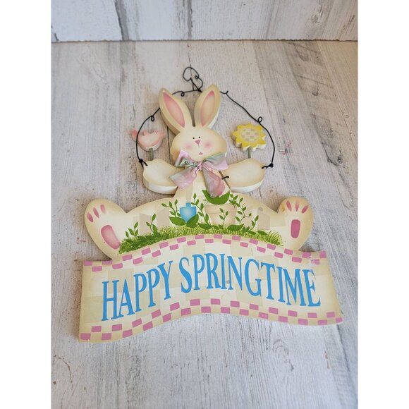 Vintage wooden easter bunny rabbit happy Springtime hanging wall decor - Picture 1 of 6